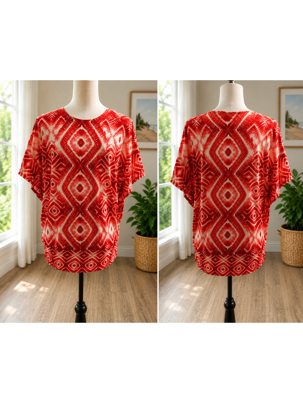 Size 2 – Chico's Red & White Geometric Print Top